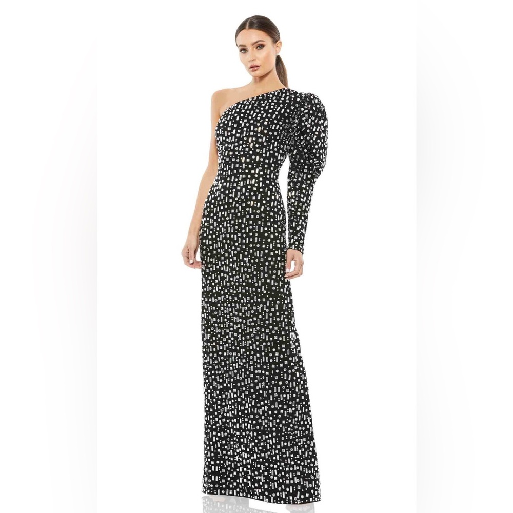NWT Mac Duggal One-Shoulder Rhinestone Beaded Black Gown Size 14 Formal Gala